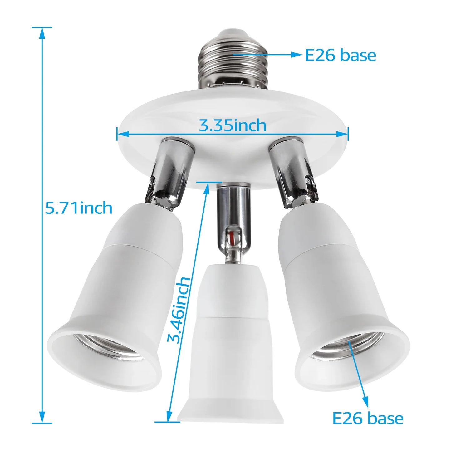 3 in 1 E26 Light Socket Splitter Adapter, 360 Degrees Adjustable, 3 Way Bulbs Socket Holder