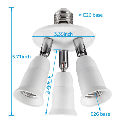 3 in 1 E26 Light Socket Splitter Adapter, 360 Degrees Adjustable, 3 Way Bulbs Socket Holder
