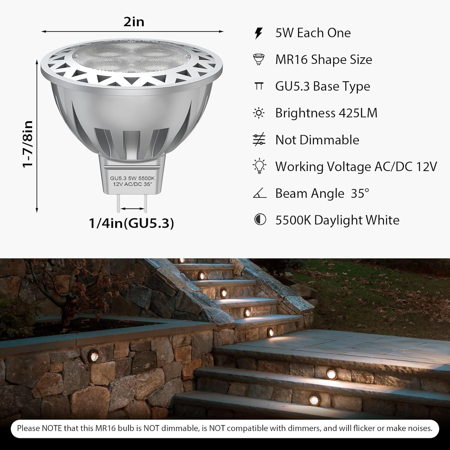 ATCD 5W MR16 LED Bulbs, 12V 3000K Warm White CCT - 6 Pack