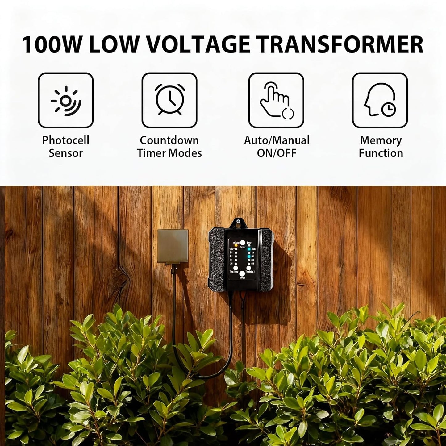 100W Low Voltage Landscape Transformer Timer Photocell Sensor, 120VAC to 12VDC