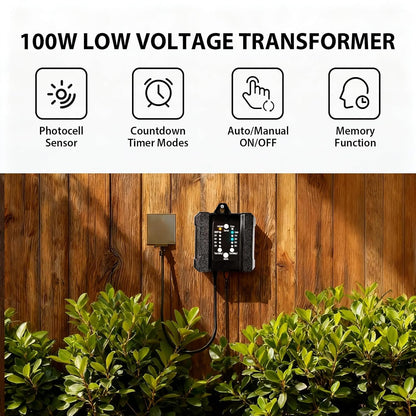 100W Low Voltage Landscape Transformer Timer Photocell Sensor, 120VAC to 12VDC