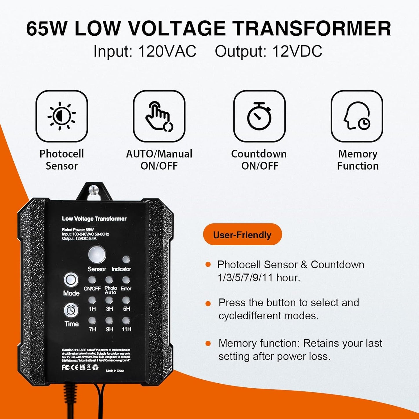 65W Transformer for Low voltage Landscape Lighting, 120VAC to 12VDC Transformer