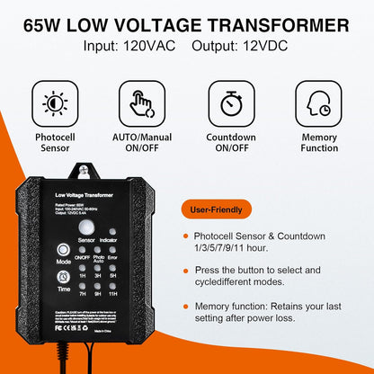 65W Transformer for Low voltage Landscape Lighting, 120VAC to 12VDC Transformer