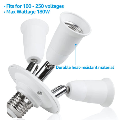 3 in 1 E26 Light Socket Splitter Adapter, 360 Degrees Adjustable, 3 Way Bulbs Socket Holder