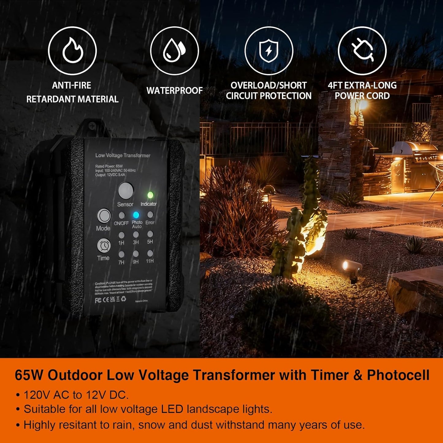 65W Transformer for Low voltage Landscape Lighting, 120VAC to 12VDC Transformer