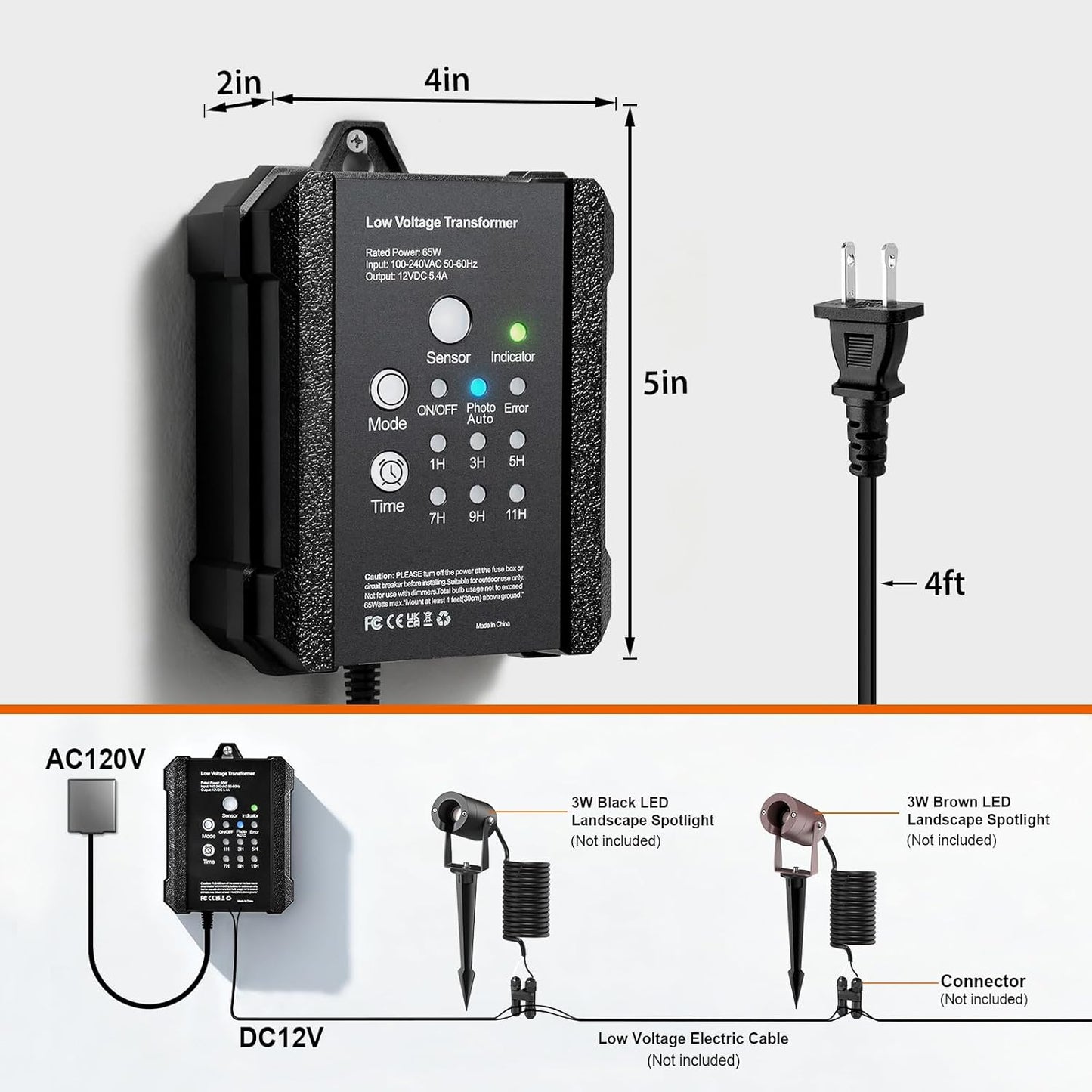 65W Transformer for Low voltage Landscape Lighting, 120VAC to 12VDC Transformer