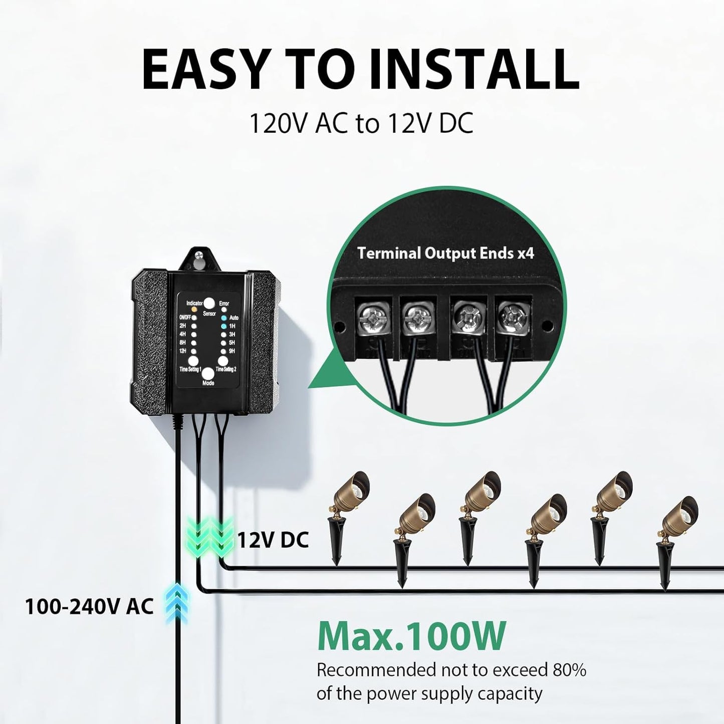 100W Low Voltage Landscape Transformer Timer Photocell Sensor, 120VAC to 12VDC