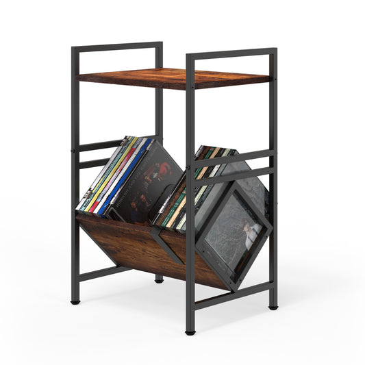 CD Storage Rack with Metal Frame and Dark Walnut Wood