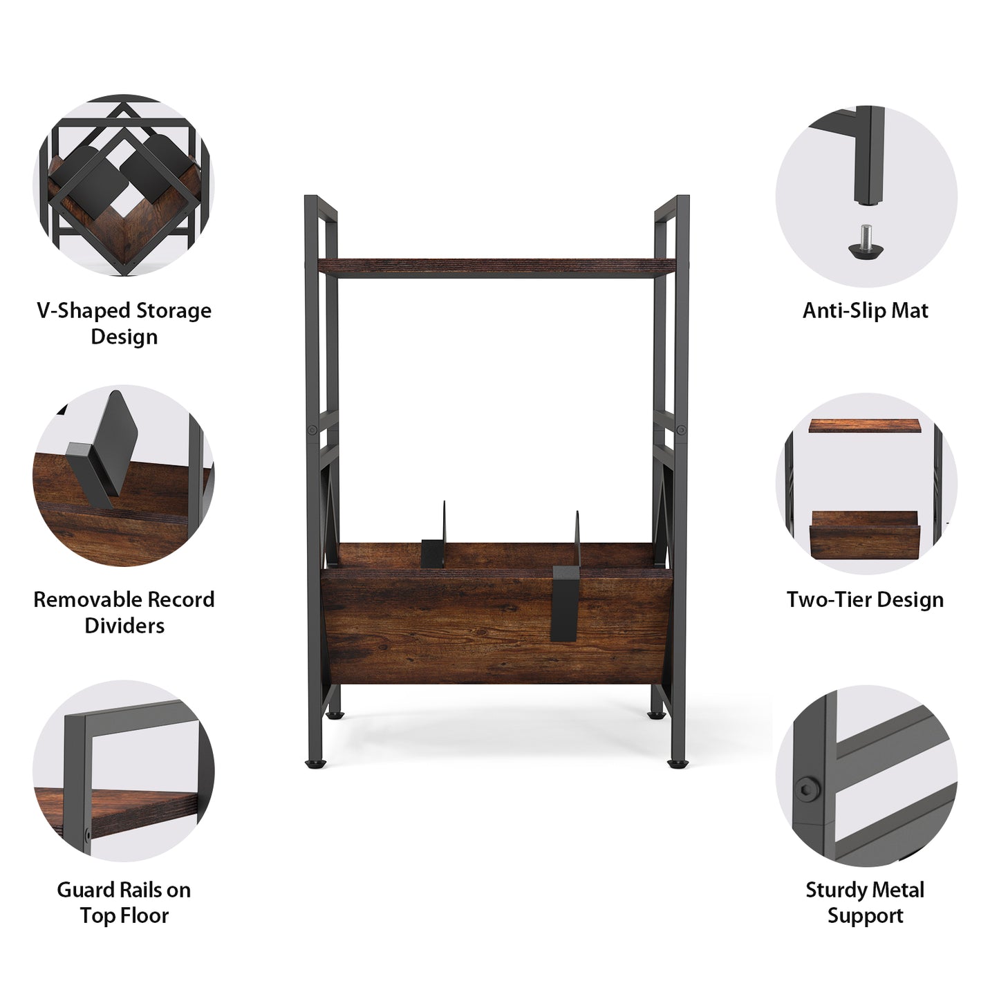 CD Storage Rack with Metal Frame and Dark Walnut Wood