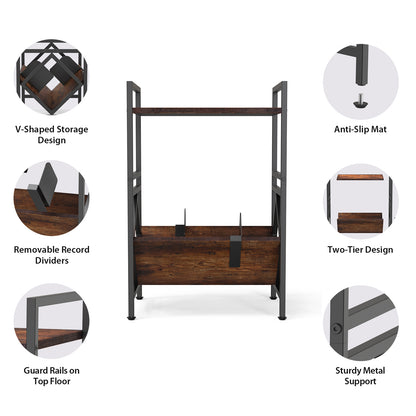 CD Storage Rack with Metal Frame and Dark Walnut Wood