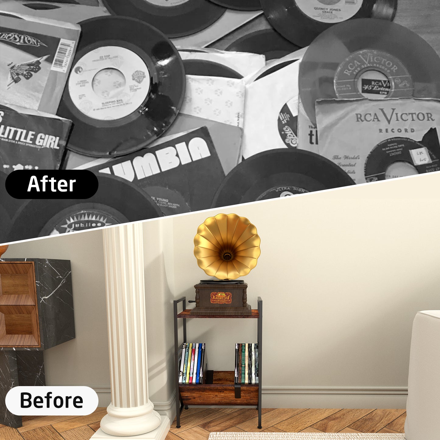 CD Storage Rack with Metal Frame and Dark Walnut Wood