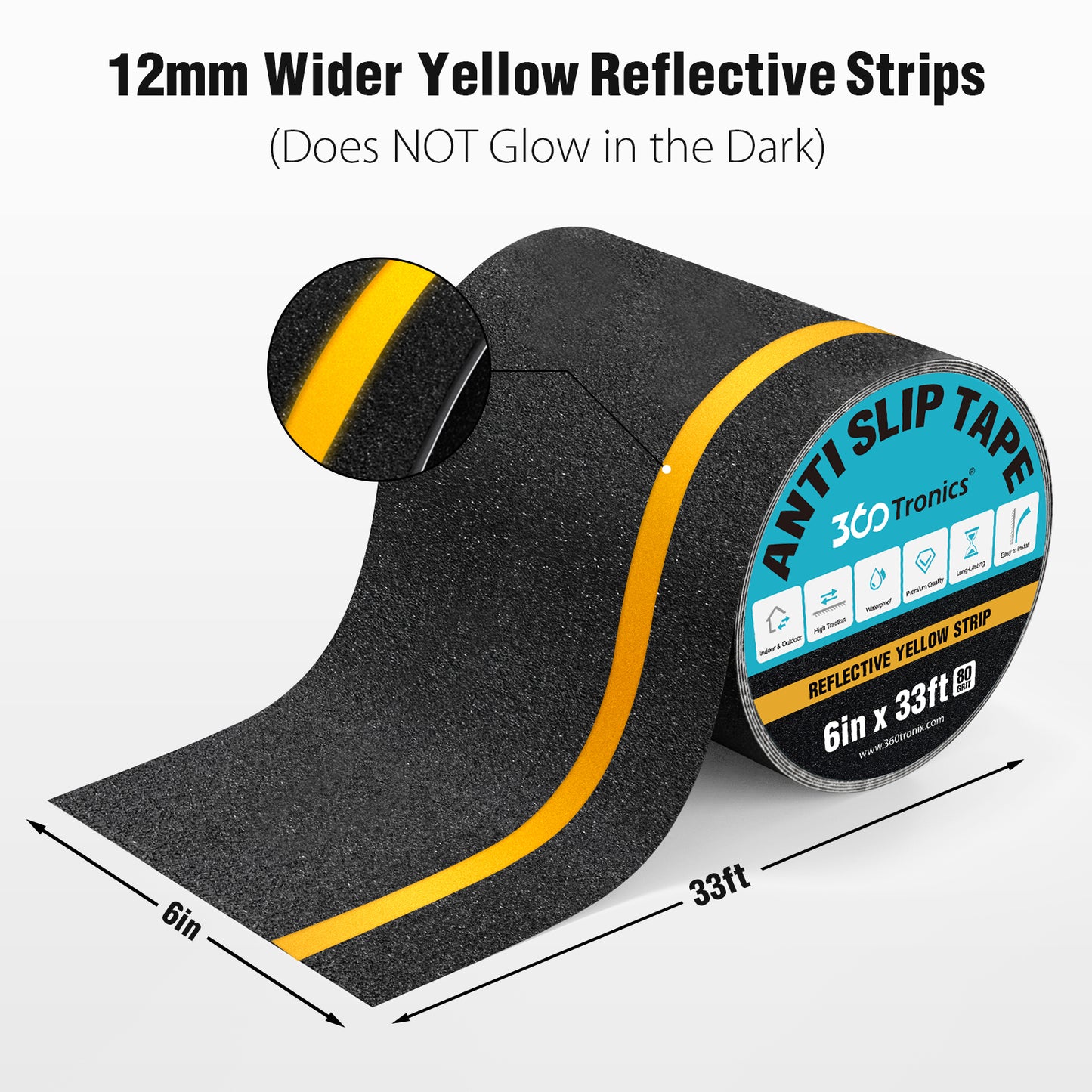 Anti Slip Tape with Yellow Reflective Strips, 6in x 33ft Heavy Duty Outdoor Tape
