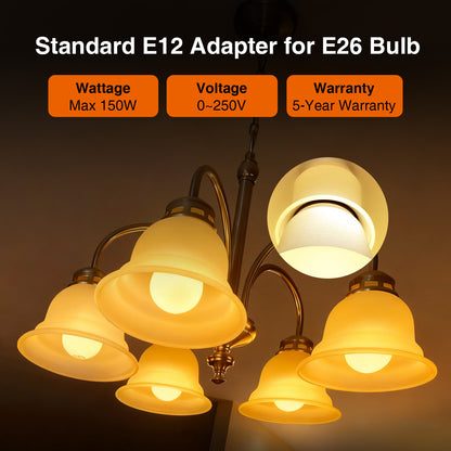 6-Pack E12 to E26 Adapter, Candelabra E12 to Edison Medium Socket E26/E27