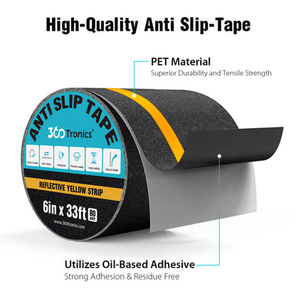 Anti Slip Tape with Yellow Reflective Strips, 6in x 33ft Heavy Duty Outdoor Tape