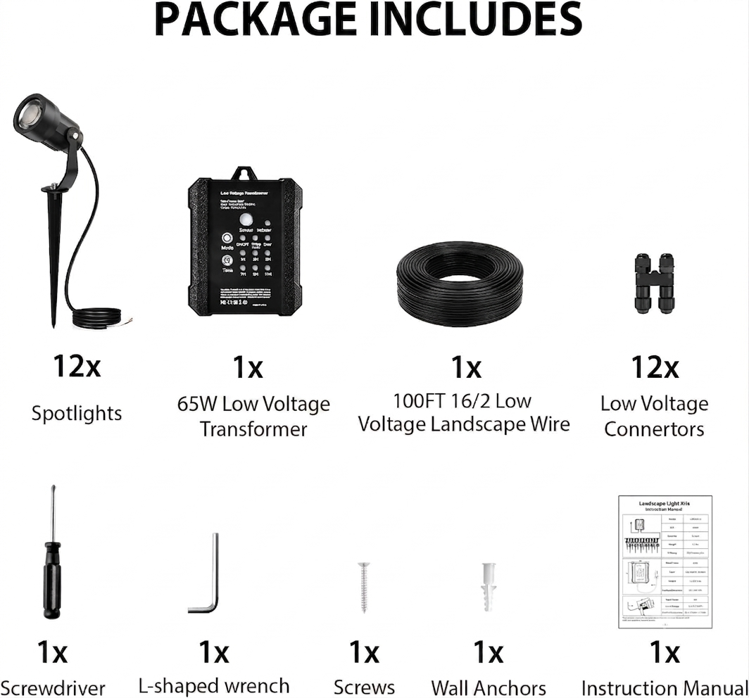 All-in-One Landscape Lighting Kit, 12 Lights+65W Transformer+100ft Wire+Waterproof Connectors