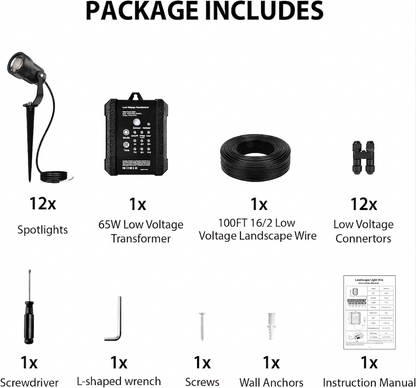 All-in-One Landscape Lighting Kit, 12 Lights+65W Transformer+100ft Wire+Waterproof Connectors