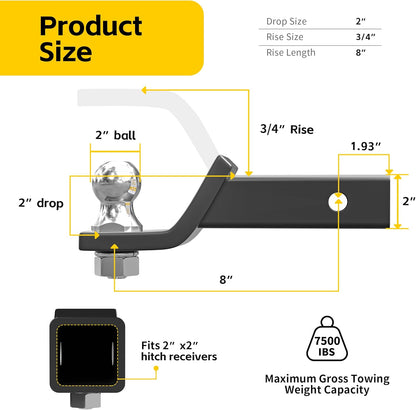 Heavy Duty Trailer Hitch Ball Mount Kit - 2 Inch Drop - 7,500 lb for RV Boat Trailers