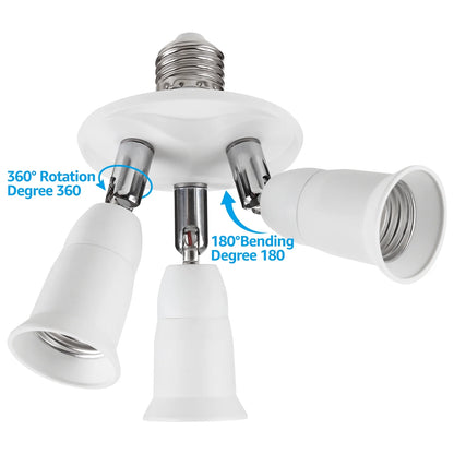 3 in 1 E26 Light Socket Splitter Adapter, 360 Degrees Adjustable, 3 Way Bulbs Socket Holder